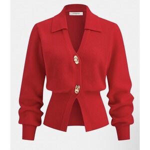 NWT Commense Red Ribbed Knit Cardigan Gold Turn-Lock Wool Alpaca Blend Size M